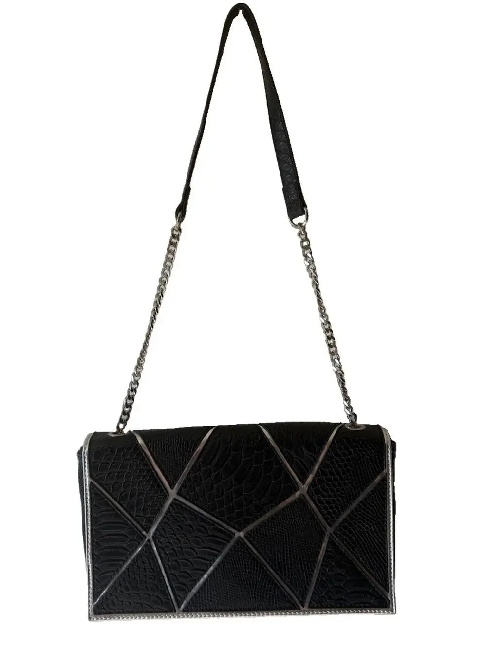 Yaumi K Black Faux Snakeskin Geometric Silver Chain Shoulder Bag 13”